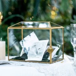 Large Geometric Glass Card Box Terrarium With Slot And Heart Lock, Foot, Gold, Handmade, Brass,for Wedding Receiption, Wishwell, Keepsake Centerpiece