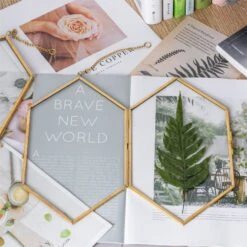 NCYP Vintage Gold Brass Floating Hanging Glass Long Hexagon Photo Frame For Fern, Pressed Flower 13 NCYP Vintage Gold Brass Floating Hanging Glass Long Hexagon Photo Frame For Fern, Pressed Flower -Glass Plant Store 20191224001 3
