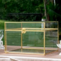12"Large Gold Foot Rectangle With Slot Geometric Glass Card Box Keepsake Recipe Reception Envelope Holder Display Gift With Swing Lid Latch -Glass Plant Store 20220330001 3