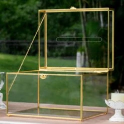 12"Large Gold Foot Rectangle With Slot Geometric Glass Card Box Keepsake Recipe Reception Envelope Holder Display Gift With Swing Lid Latch -Glass Plant Store 20220330001 4