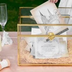 12"Large Gold Foot Rectangle With Slot Geometric Glass Card Box Keepsake Recipe Reception Envelope Holder Display Gift With Swing Lid Latch -Glass Plant Store 20220330001 7