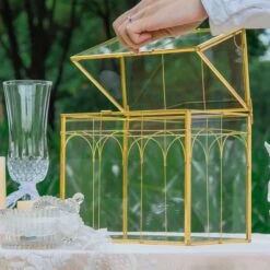 Vintage House Glass Geometric Terrarium Card Box Gold For Wedding, Graduation, Baby Shower -Glass Plant Store 20230329021 4