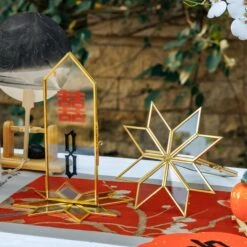 Geometric Gardenia Garden Gold Glass And Brass Wedding Table Number Holder, Pressed Flower Frame