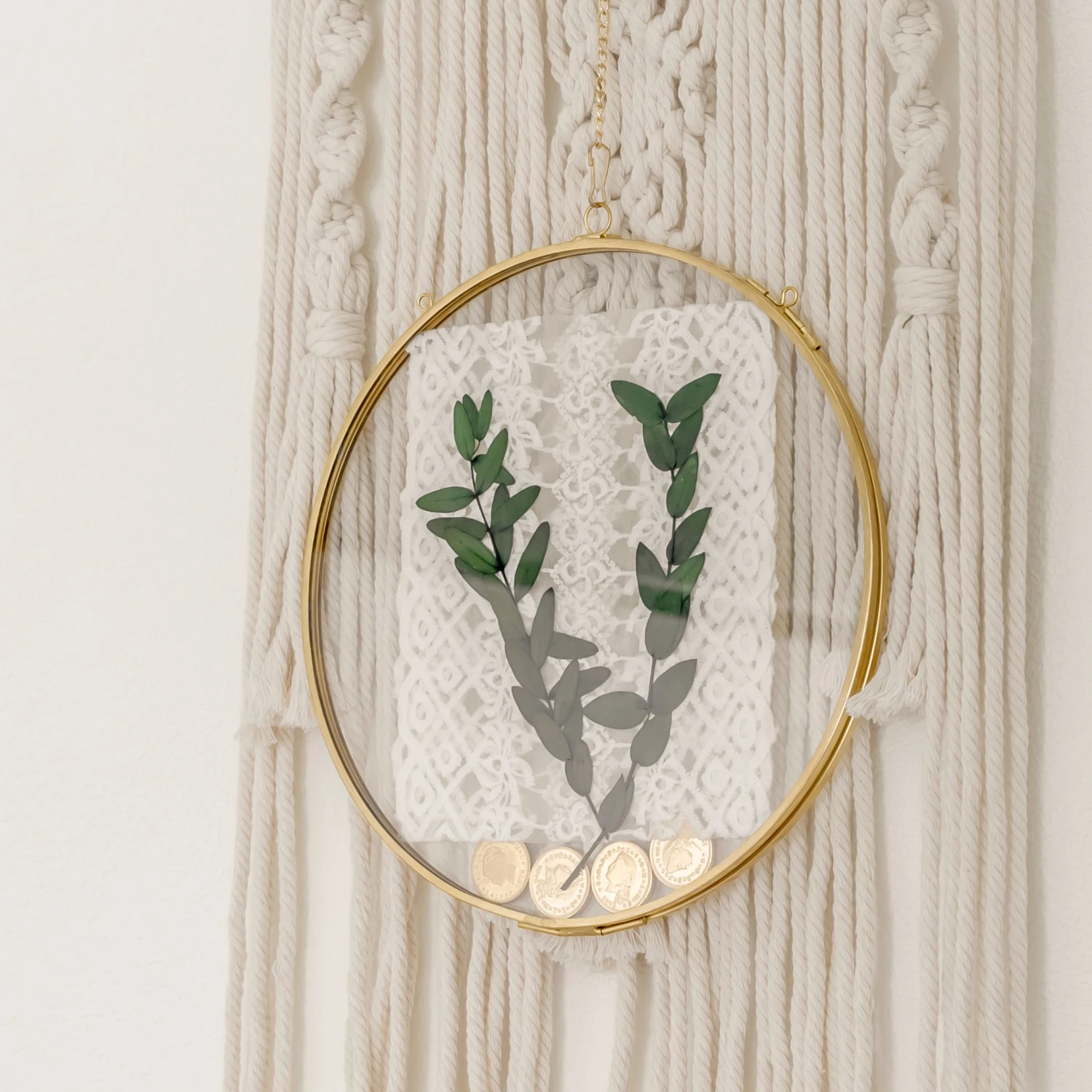 Wall Hanging Round 8" Herbarium Brass Glass Frame For Thick Pressed Flowers, Dried Flowers, Poster, Coin, Double Glass, Floating Frame 6 Wall Hanging Round 8" Herbarium Brass Glass Frame For Thick Pressed Flowers, Dried Flowers, Poster, Coin, Double Glass, Floating Frame - Image 6