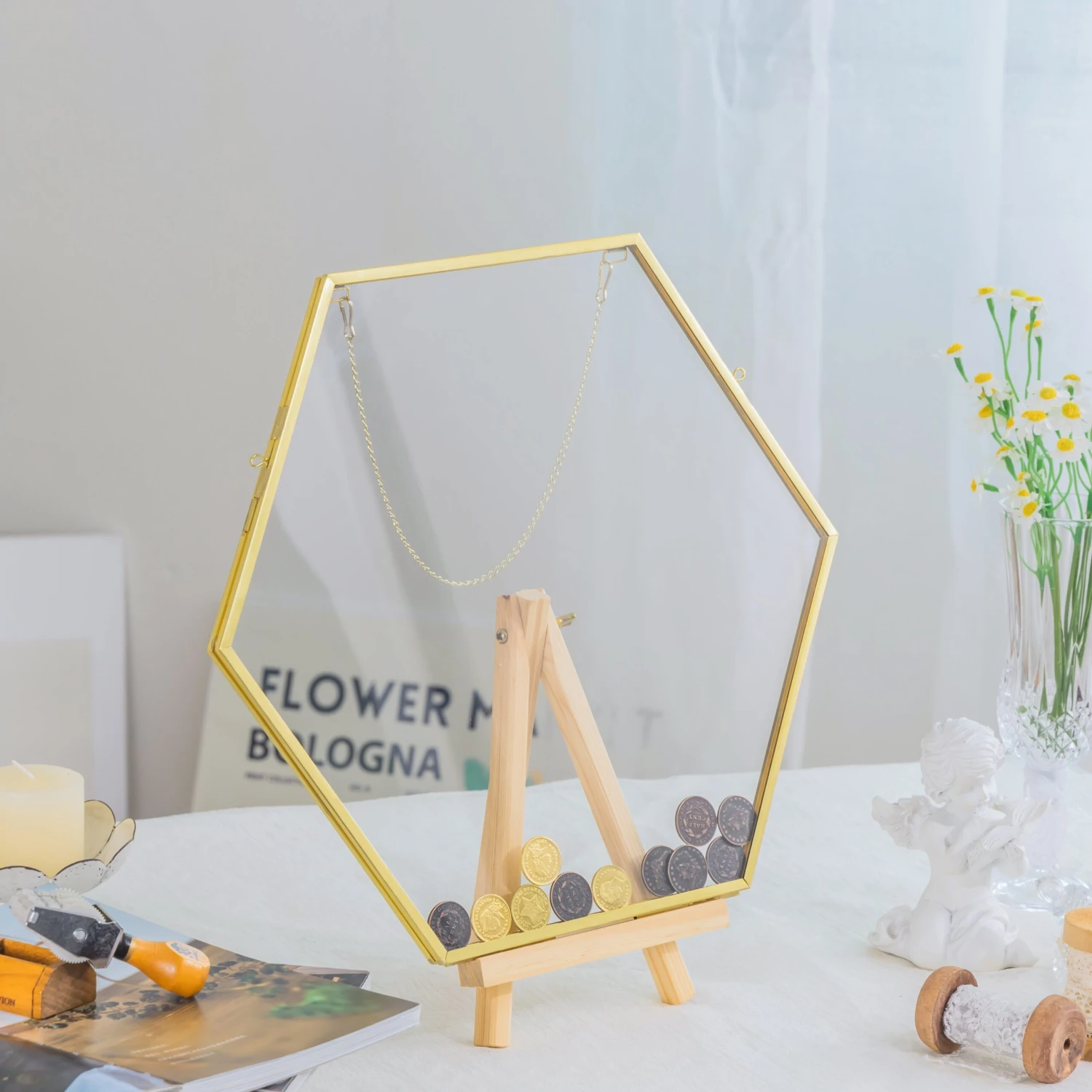 Wall Hanging Hexagon 12" Herbarium Brass Glass Frame For Thick Pressed Flowers, Dried Flowers, Poster, Coin, Double Glass, Floating Frame 8 Wall Hanging Hexagon 12" Herbarium Brass Glass Frame For Thick Pressed Flowers, Dried Flowers, Poster, Coin, Double Glass, Floating Frame - Image 8