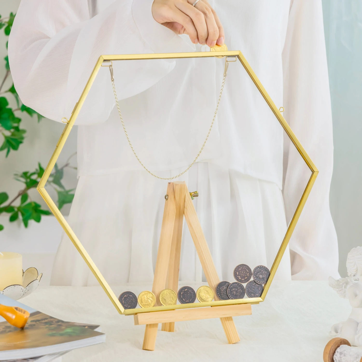 Wall Hanging Hexagon 12" Herbarium Brass Glass Frame For Thick Pressed Flowers, Dried Flowers, Poster, Coin, Double Glass, Floating Frame 10 Wall Hanging Hexagon 12" Herbarium Brass Glass Frame For Thick Pressed Flowers, Dried Flowers, Poster, Coin, Double Glass, Floating Frame - Image 10