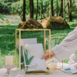 NCYP Glass Cards Box For Wedding Reception - Rectangle Glass Box With Slot And Lock For Money, Envelopes - Birthdays Party Tabletop Decor, 8" X 5.5" X 11.3" Gold, Clear (Card Box Only)