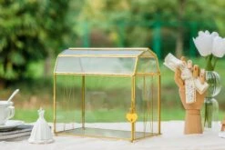 Nostalgic Cottage Barn Shape Gold Geometric Brass And Glass Card Box Terrarium With Slot, Heart Lock, Foot, Handmade For Wedding Reception -Glass Plant Store 290A6392