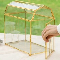 Nostalgic Cottage Barn Shape Gold Geometric Brass And Glass Card Box Terrarium With Slot, Heart Lock, Foot, Handmade For Wedding Reception -Glass Plant Store 290A6422