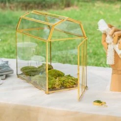Nostalgic Cottage Barn Shape Gold Geometric Brass And Glass Card Box Terrarium With Slot, Heart Lock, Foot, Handmade For Wedding Reception -Glass Plant Store 290A6438