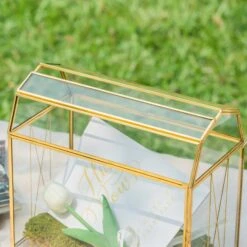 Nostalgic Cottage Barn Shape Gold Geometric Brass And Glass Card Box Terrarium With Slot, Heart Lock, Foot, Handmade For Wedding Reception -Glass Plant Store 290A6459
