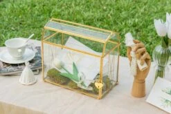 Nostalgic Cottage Barn Shape Gold Geometric Brass And Glass Card Box Terrarium With Slot, Heart Lock, Foot, Handmade For Wedding Reception -Glass Plant Store 290A6464