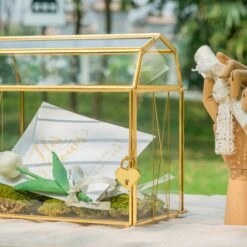 Nostalgic Cottage Barn Shape Gold Geometric Brass And Glass Card Box Terrarium With Slot, Heart Lock, Foot, Handmade For Wedding Reception -Glass Plant Store 290A6468 bbab441d 836d 4866 aa8b 9acbf0a4e0af