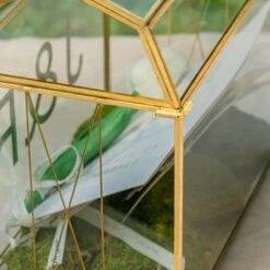 Nostalgic Cottage Barn Shape Gold Geometric Brass And Glass Card Box Terrarium With Slot, Heart Lock, Foot, Handmade For Wedding Reception -Glass Plant Store 290A6528