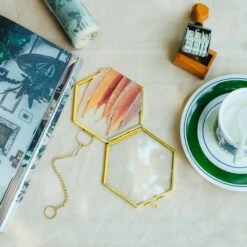 Handmade Vintage Brass Floating Hanging Glass Hexagon Picture Photo Frame Small Side Length 2" -Glass Plant Store 290A9829