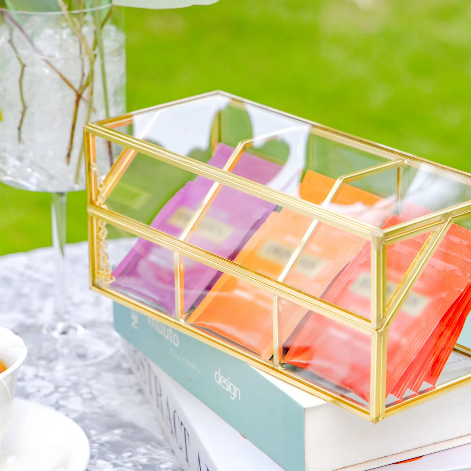 Glass Gold Tea Bag Box, 3 Compartments And Lid Storage Box, Tea Lovers Gift Box, Tea Organizer, Christmas Gift 1 Glass Gold Tea Bag Box, 3 Compartments And Lid Storage Box, Tea Lovers Gift Box, Tea Organizer, Christmas Gift