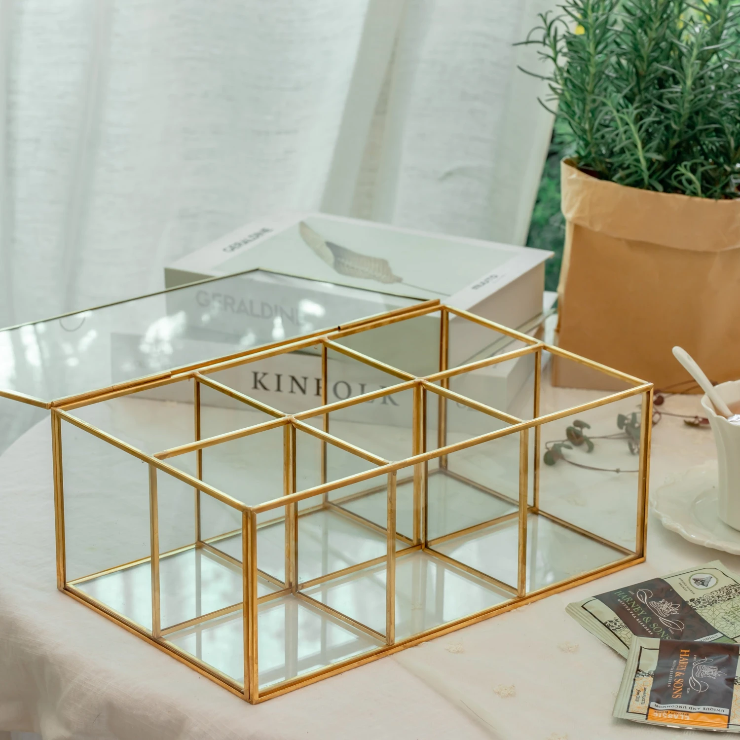 NCYP Glass Terrarium Box Tea Coffee Bag Storage Organizer Jewelry Counter 6 Grids Compartments Handcrafted Brass For Harney & Sons Tea Bag 3 NCYP Glass Terrarium Box Tea Coffee Bag Storage Organizer Jewelry Counter 6 Grids Compartments Handcrafted Brass For Harney & Sons Tea Bag - Image 3