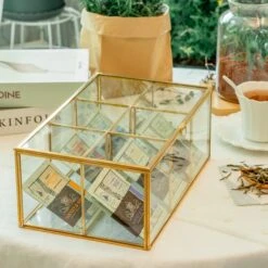 NCYP Glass Terrarium Box Tea Coffee Bag Storage Organizer Jewelry Counter 6 Grids Compartments Handcrafted Brass For Harney & Sons Tea Bag