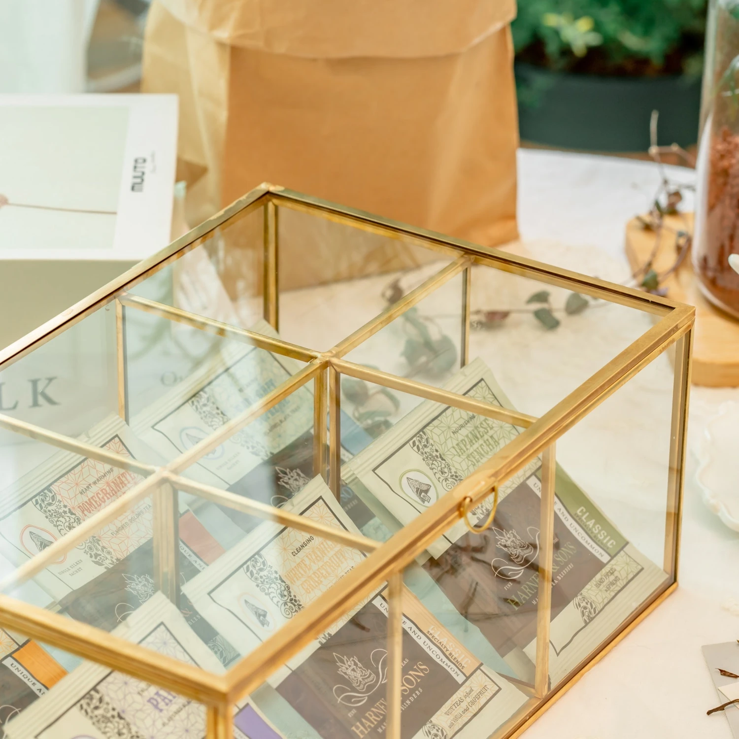 NCYP Glass Terrarium Box Tea Coffee Bag Storage Organizer Jewelry Counter 6 Grids Compartments Handcrafted Brass For Harney & Sons Tea Bag 4 NCYP Glass Terrarium Box Tea Coffee Bag Storage Organizer Jewelry Counter 6 Grids Compartments Handcrafted Brass For Harney & Sons Tea Bag - Image 4