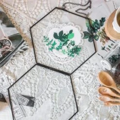 Hanging Black Hexagon Herbarium Brass Glass Frame For Pressed Flowers Dried Flowers Floating Frame -Glass Plant Store 8641