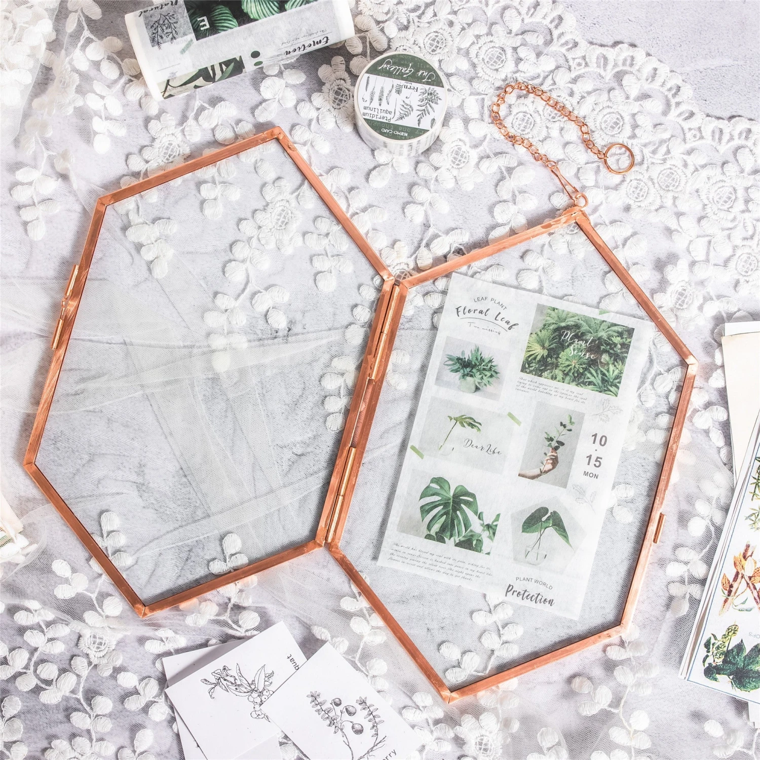 NCYP Vintage Rose Gold Copper Floating Hanging Glass Long Hexagon Frame For Fern, Pressed Flower 2 NCYP Vintage Rose Gold Copper Floating Hanging Glass Long Hexagon Frame For Fern, Pressed Flower - Image 2