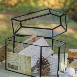 Halloween Gothic Coffin Black Geometric Glass Card Box Terrarium With Swing Lid, Heart Lock, Handmade Brass For Wedding Reception Wishwell Keepsake -Glass Plant Store G01A0146