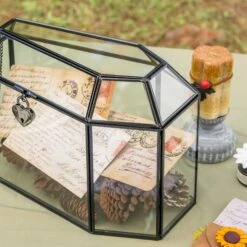 Halloween Gothic Coffin Black Geometric Glass Card Box Terrarium With Swing Lid, Heart Lock, Handmade Brass For Wedding Reception Wishwell Keepsake -Glass Plant Store G01A0573