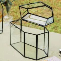 Halloween Gothic Coffin Black Geometric Glass Card Box Terrarium With Swing Lid, Heart Lock, Handmade Brass For Wedding Reception Wishwell Keepsake -Glass Plant Store G01A0615