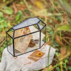 Halloween Gothic Coffin Black Geometric Glass Card Box Terrarium With Swing Lid, Heart Lock, Handmade Brass For Wedding Reception Wishwell Keepsake -Glass Plant Store G01A0748