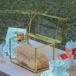 NCYP Wedding Card Box With Slot And Lock - 9.8x5.6x7.7 Inches - Gold Glass Envelope Box With Lid For Birthday Party Reception - Vintage Rectangular Centerpiece Decoration Handmade (Glass Box Only) -Glass Plant Store G01A1387