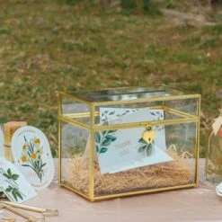 NCYP Wedding Card Box With Slot And Lock - 9.8x5.6x7.7 Inches - Gold Glass Envelope Box With Lid For Birthday Party Reception - Vintage Rectangular Centerpiece Decoration Handmade (Glass Box Only)