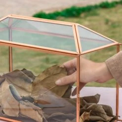 US Rose Gold Pink Pure Copper Standard Large Geometric Glass Card Box Terrarium With Slot, Lock, Handmade For Wedding Reception Wishwell -Glass Plant Store G01A1667