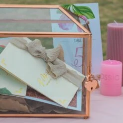 US Rose Gold Pink Pure Copper Standard Large Geometric Glass Card Box Terrarium With Slot, Lock, Handmade For Wedding Reception Wishwell -Glass Plant Store G01A1686