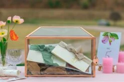 US Rose Gold Pink Pure Copper Standard Large Geometric Glass Card Box Terrarium With Slot, Lock, Handmade For Wedding Reception Wishwell -Glass Plant Store G01A1699