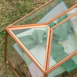 US Rose Gold Pink Pure Copper Standard Large Geometric Glass Card Box Terrarium With Slot, Lock, Handmade For Wedding Reception Wishwell -Glass Plant Store G01A1755