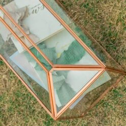 US Rose Gold Pink Pure Copper Standard Large Geometric Glass Card Box Terrarium With Slot, Lock, Handmade For Wedding Reception Wishwell -Glass Plant Store G01A1765