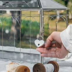 Vintage Silver Large Geometric Glass Card Box Terrarium With Slot, Heart Lock, Foot, Handmade Brass For Wedding Reception Wishwell Keepsake -Glass Plant Store G01A2199