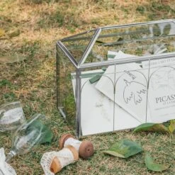 Vintage Silver Large Geometric Glass Card Box Terrarium With Slot, Heart Lock, Foot, Handmade Brass For Wedding Reception Wishwell Keepsake -Glass Plant Store G01A2313