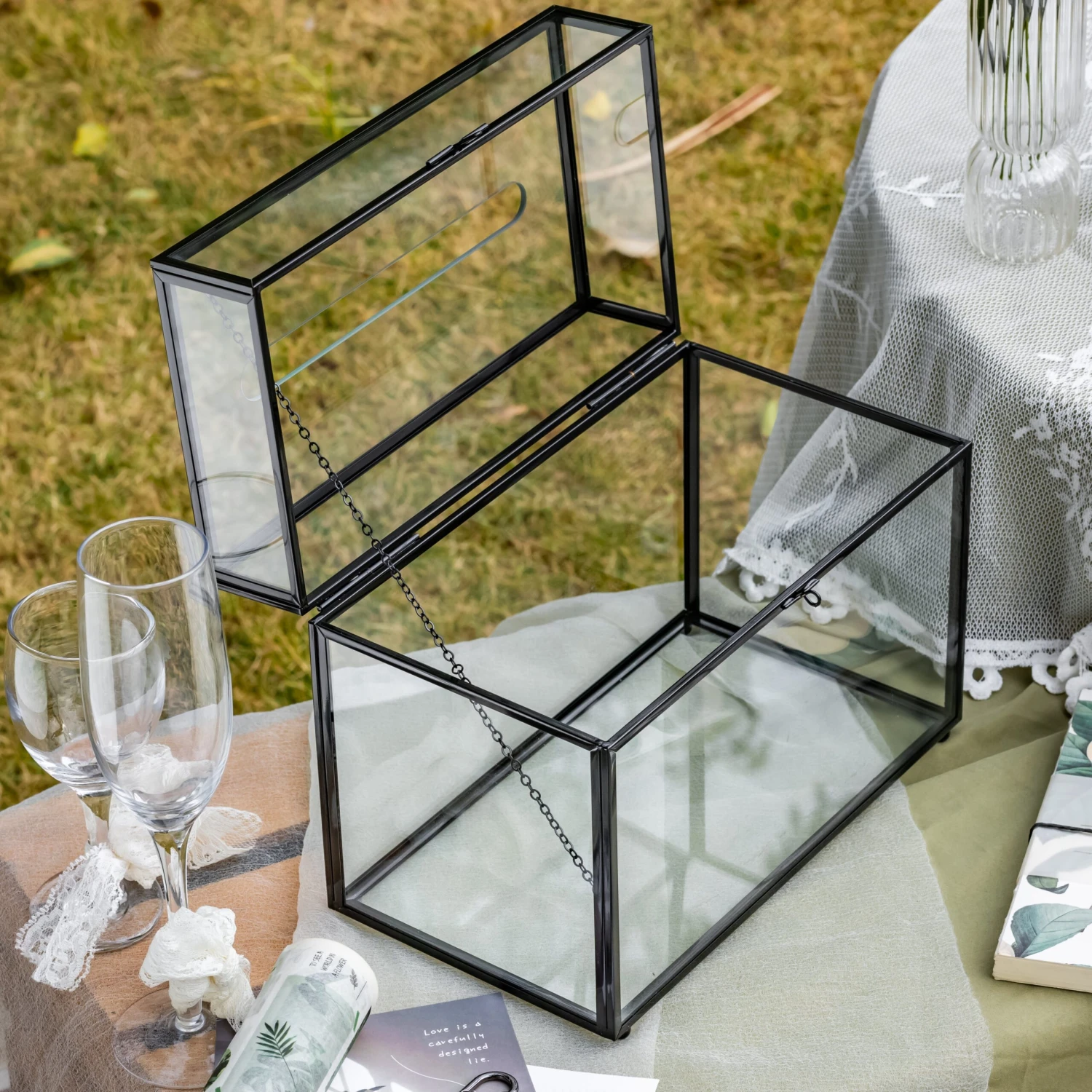 Lockable Black Geometric Glass Card Box Terrarium Foot Handmade Rectangular For Wedding Reception Wishwell Keepsake 10 Lockable Black Geometric Glass Card Box Terrarium Foot Handmade Rectangular For Wedding Reception Wishwell Keepsake - Image 10
