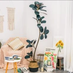 NCYP Artificial Rubber Tree, Rubber Fig, Rubber Bush 5.9FT (70.8 Inches) Tall Faux Plant For Home Office Decor, Indoor Fake Potted Ficus Elastica Tree With Plastic Pot And Rattan Woven Basket