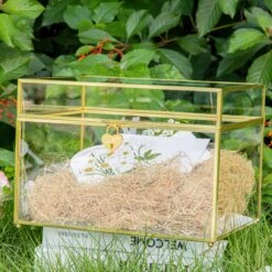 Handmade 12" Large Gold Rectangle Geometric Glass Card Box With Slot Lock For Keepsake, Wedding Reception, Postbox -Glass Plant Store G01A5925 785dc484 22d2 4e3e 8b76 468c3d24f3e8