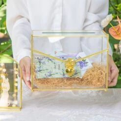 Handmade Envelope Shape Geometric Glass Wedding Card Box Terrarium With Slot, Heart Lock Key