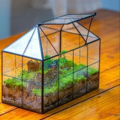 NCYP Glass Geometric Terrarium Tin-Sealed Brass Black House Shape Container With Grid And Swing Lid