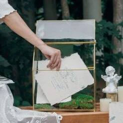 House Shape Arched Top Vintage Glass Card Box Terrarium, Handmade Brass For Wedding Receiption Wishwell Keepsake