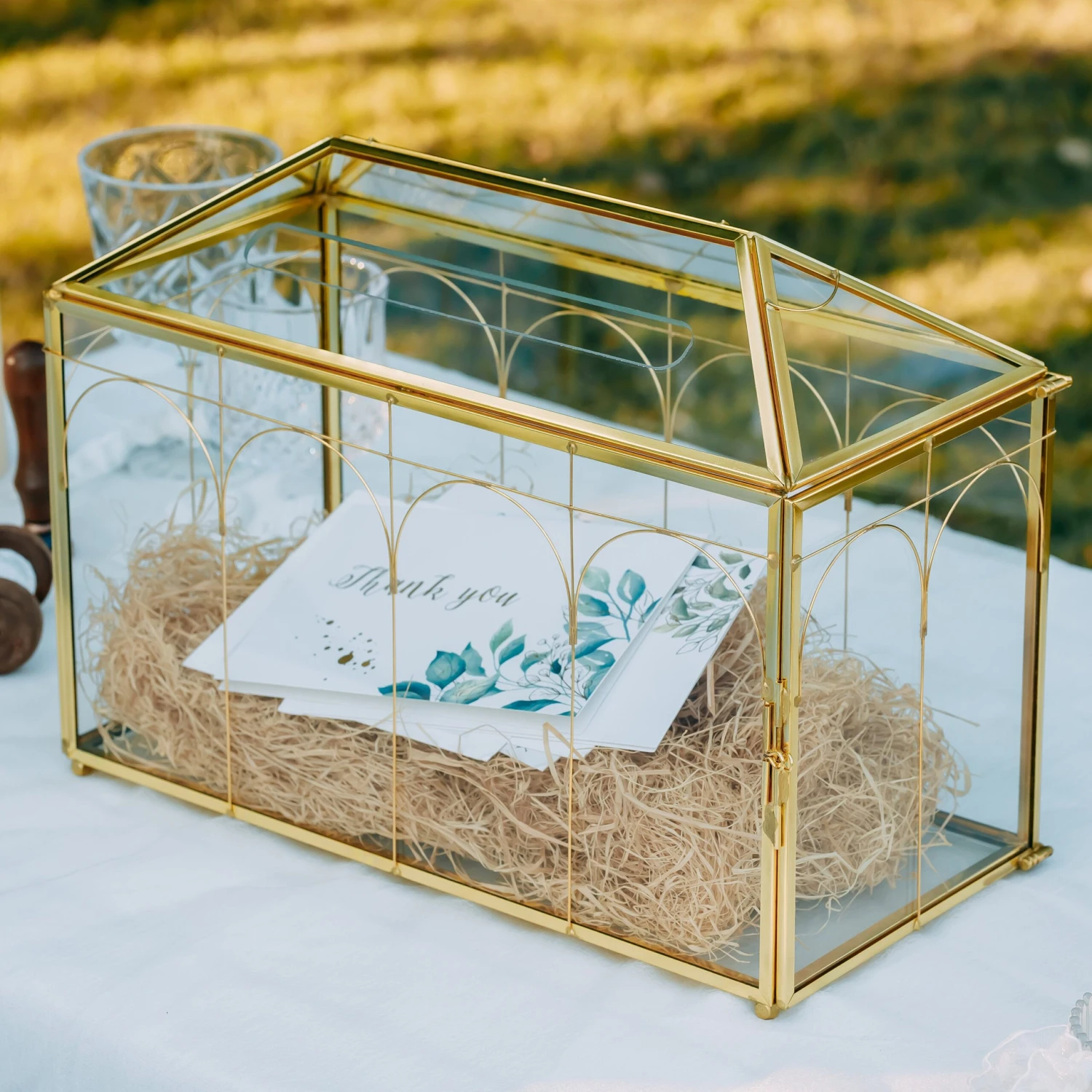 Vintage Gold Large Geometric Glass Card Box Terrarium With Slot, Heart Lock, Foot, Handmade Brass For Wedding Reception Wishwell Keepsake 5 Vintage Gold Large Geometric Glass Card Box Terrarium With Slot, Heart Lock, Foot, Handmade Brass For Wedding Reception Wishwell Keepsake - Image 5