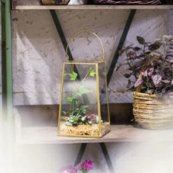 Handmade Copper Gold Echelon Geometric Glass Terrarium Hanging Wall Holder Lantern With Handle -Glass Plant Store product image 557798860