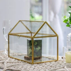 Handmade Gold House Shape Glass Geometric Terrarium Card Wishwell Reception Box For Wedding Ceromony -Glass Plant Store product image 997415311
